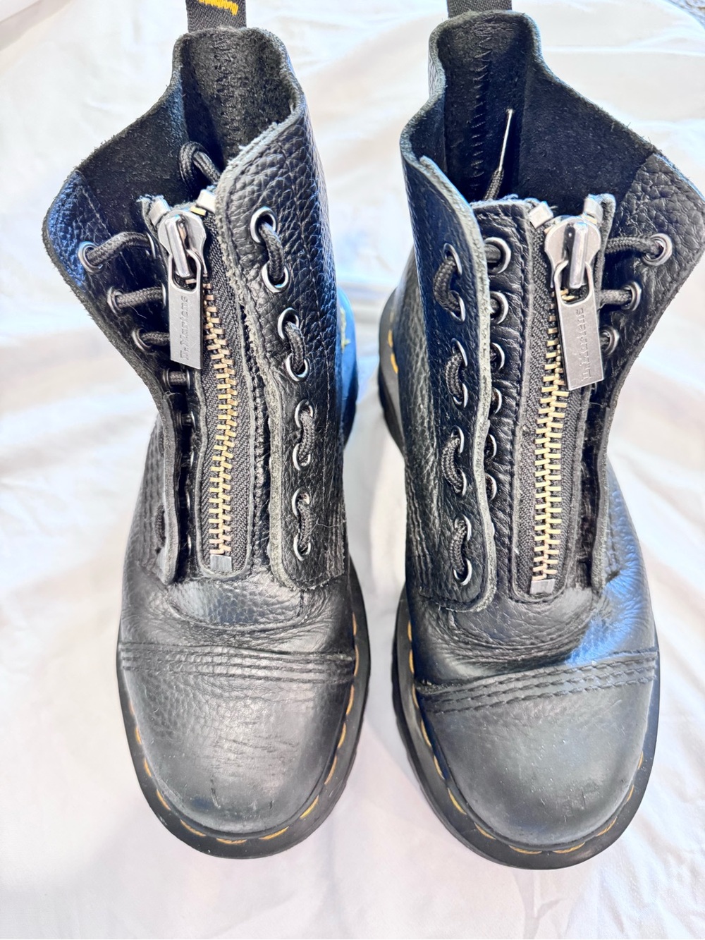 Dr. Martens Women's Black Leather Combat Boots with Yellow Stitching